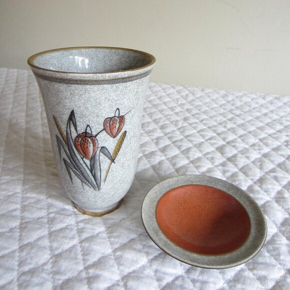 Vtg KJOBENHAVNS PORCELLAINS MALERI Crackle Flower Vase with dish - Picture 1 of 6